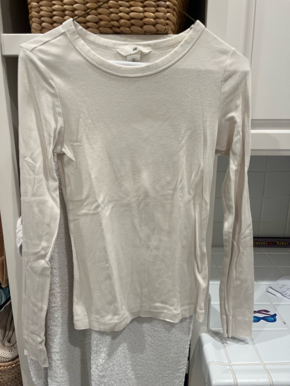 H&M Ribbed Long Sleeve Crew in Off-White